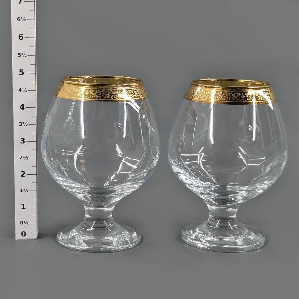 Vintage Gold Filigree Rim Brandy Snifter Glass Set of 2 Clear Glass 5 Inch